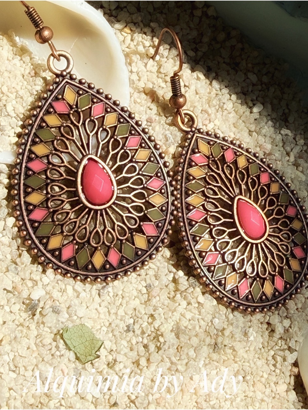SUMMER DAYS + Coral, Olive & Pink Filigree Teardrop Earrings
